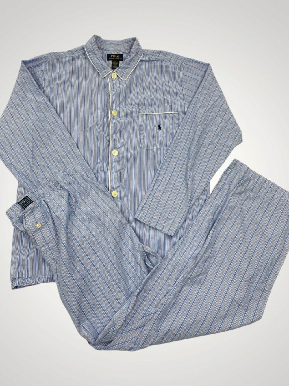 Polo Ralph Lauren Cotton Blue Striped Pajama Set Sleepwear Button Down Men's M